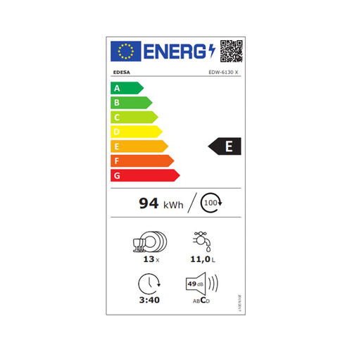 Lavavajillas EDESA 6130 X REAL, Inox, 14 servicios, clasificación energética E, H: 84,5cm, A: 59,8cm, F: 60cm.