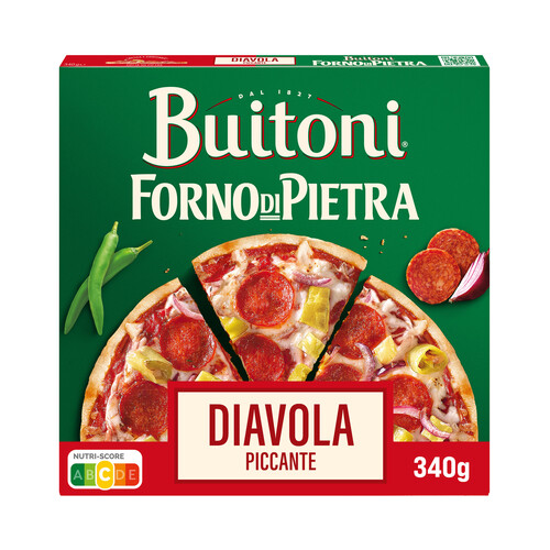 BUITONI Forno di pietra Pizza diavola (picante) con pepperoni, guindillas y masa fina y crujiente 340 g.