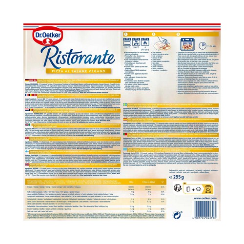 DR. OETKER Ristorante Pizza congelada de masa fina con salami vegano 295 g.