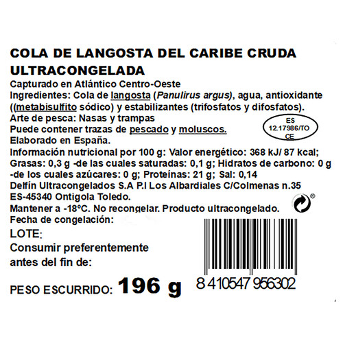 DELFÍN Cola de langosta del Caribe, cruda y ultracongelada DELFIN 196 g (P.N.E).