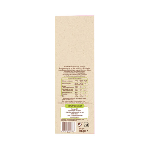 ALCAMPO ECOLÓGICO Harina integral de avena ecológica, PRODUCTO ALCAMPO ECOLÓGICO 500 g.