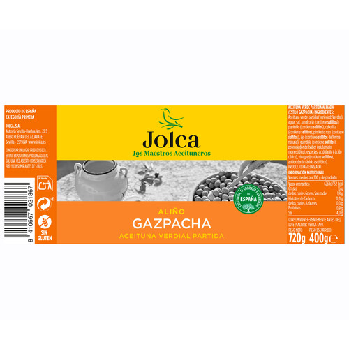 JOLCA Aceituna verde Verdial partida, gazpacha JOLCA 835 g.