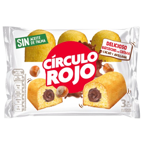 Bizcochos rellenos de crema de cacao y avellanas, sin aceite de palma BIMBO CIRCULO ROJO 3 uds. 126 g.