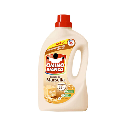 OMINO BIANCO Detergente líquido concentrado con jabón de origen natural y aroma a jabón de Marsella 45 ds.