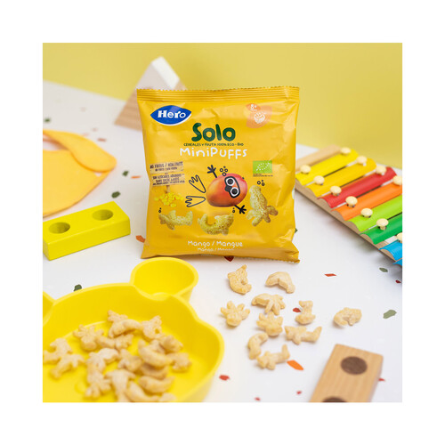 HERO Solo bio Snacks infantiles no fritos y sin azúcares añadidos, de cereales y mango ecológicos, a partir de 8 meses 18 g.