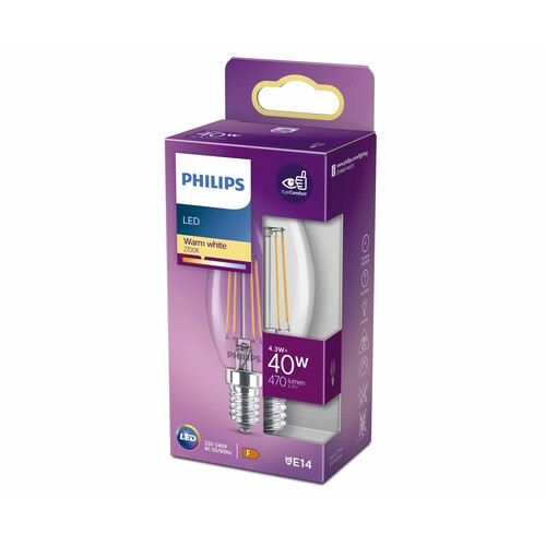 Bombilla Led E14, 4,3W=40W, luz cálida 2700K, PHILIPS.