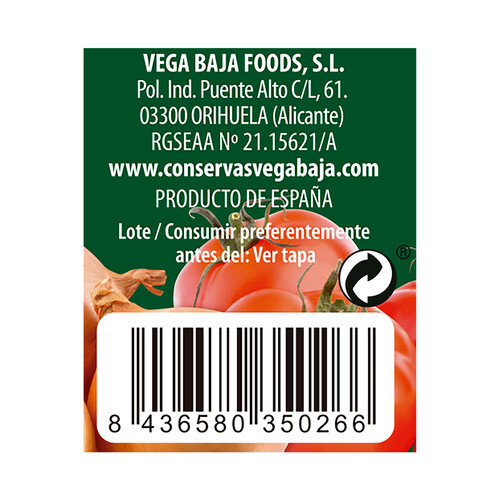 VEGA BAJA Sofrito de tomate y cebolla aove 330 g.