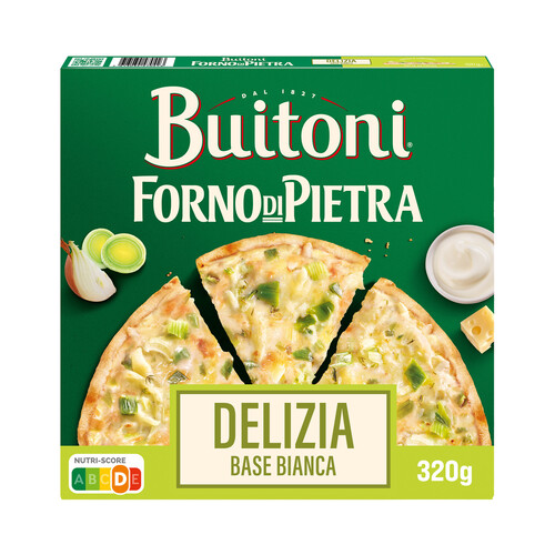 BUITONI Forno di piertra Pizza de queso Emmental, puerros y crema de leche, con masa fina y crujiente 320 g.