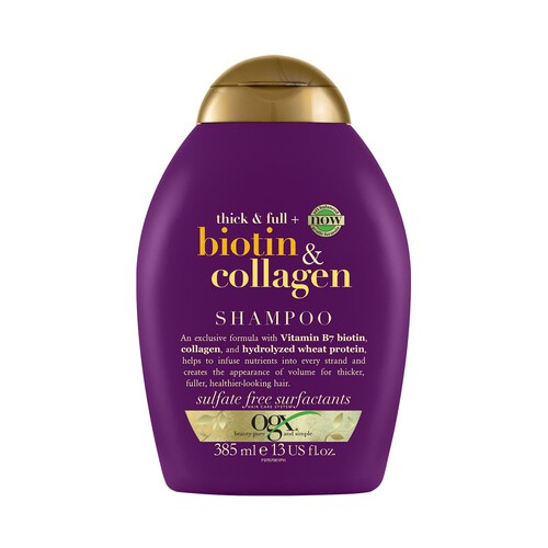 OGX Biotin & collagen Champú con Biotina, Vitamina B7, Colágeno y proteina de trigo, para cabellos finos o delgados 385 ml.