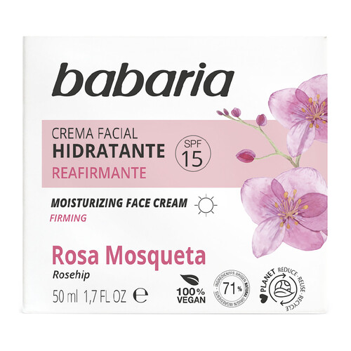 BABARIA Crema facial hidratante y reafirmante con rosa mosqueta y FPS 15 50 ml.