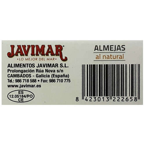 Conserva de almejas al natural elaboradas en fresco JAVIMAR lata de 63 g.