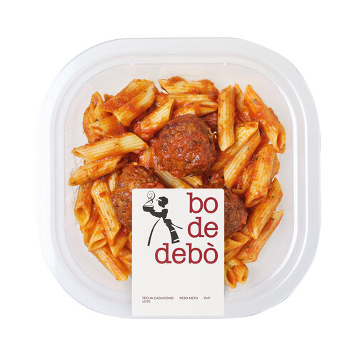 BO DE DEBÓ Macarraones con tomate y albóndigas mixtas (cerdo-vacuno) 300 g.