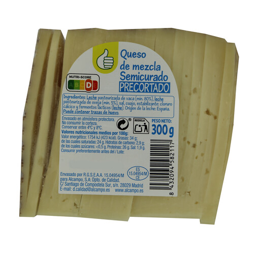 PRODUCTO ECONÓMICO ALCAMPO Queso mezcla semicurado precortado PRODUCTO ECONÓMICO ALCAMPO YA CORTADO 300 g.