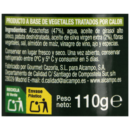 PRODUCTO ALCAMPO Paté vegano de alcachofas con bajo contenido en azúcares 110 g.