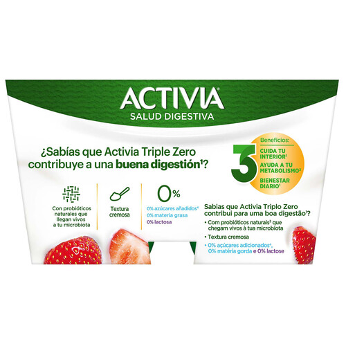 ACTIVIA Triple zero de Danone Bífidus desnatado (0% materia grasa), sin lactosa y con trocitos de fresa 4 x 120 g.