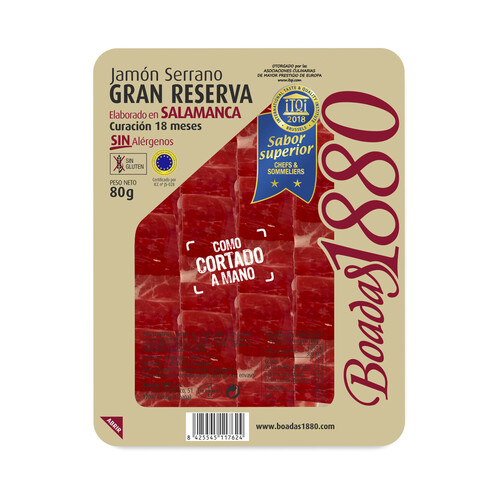 BOADAS Jamón serrano gran reserva, con curación de 18 meses y cortado en finas lonchas BOADAS 1880 80 g.