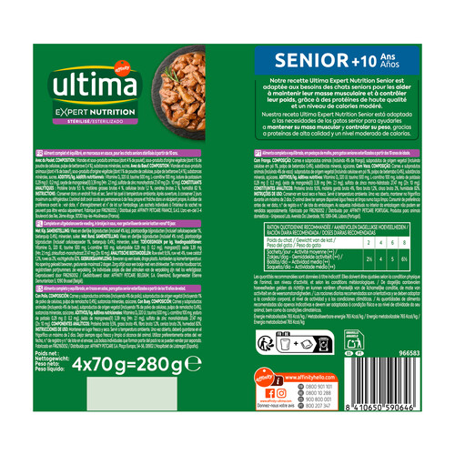 ULTIMA Expert nutrition Alimento em trozos en salsa, para gatos senior (+ 10 años) esterilizados 4 x 70 g.