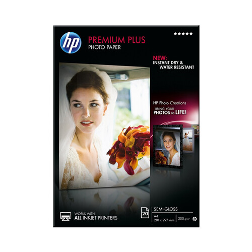 Pack de 20 hojas fotográficas HP (CR672A) Premium Plus Semi-Glossy, semibrillante, 21 x 29,7cm, 300g/m².