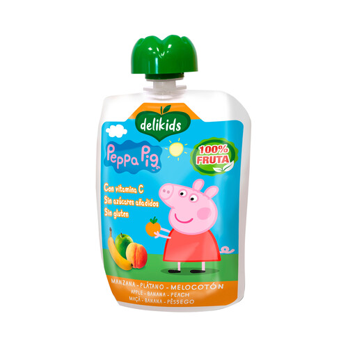 DELIKIDS Peppa pig Bolsita de fruta (manzana, plátano y melocotón) a partir de 6 meses 90 g.