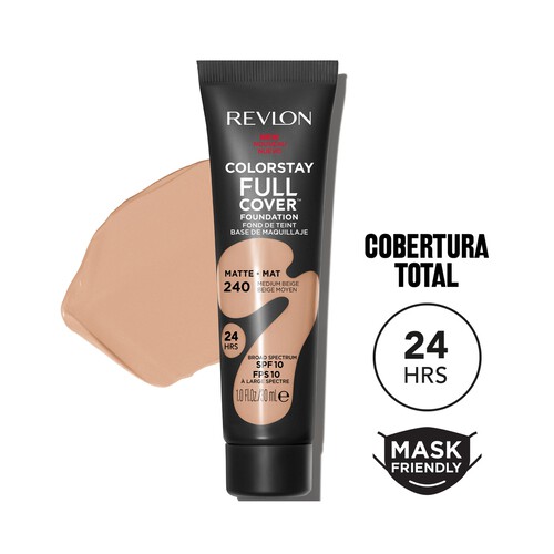 REVLON Colorstay full cover Tono 240 Medium beige  Base de maquillaje de textura ligera, cobertura 100% mate 30 ml.