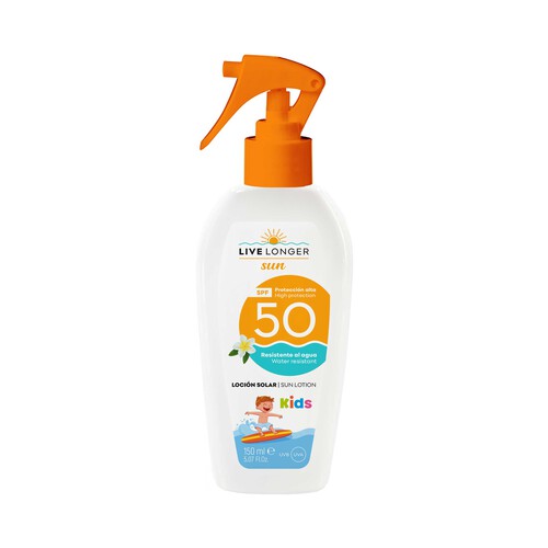 LIVE LONGER Sun Protector solar en spray especial para niños con FPS 50 (muy alto) 150 ml.