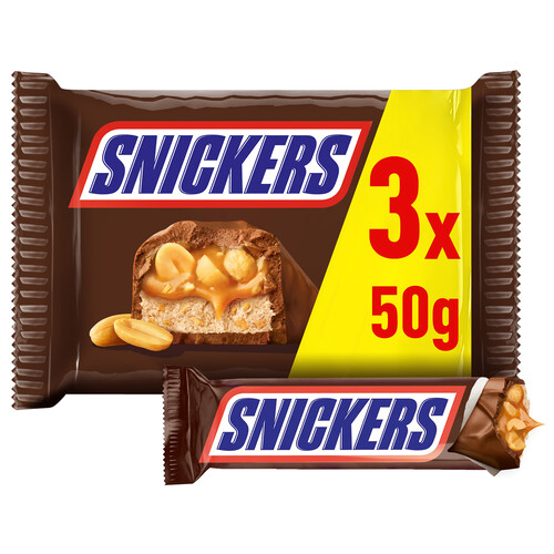 SNICKERS Barritas de chocolate rellenas de crema de cacahuete y caramelo 3 uds. 50 g.