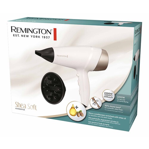 Secador de pelo REMINGTON Shea Soft  D4740, iónico, motor DC, 2200W, 2 velocidades, 3 temperaturas.