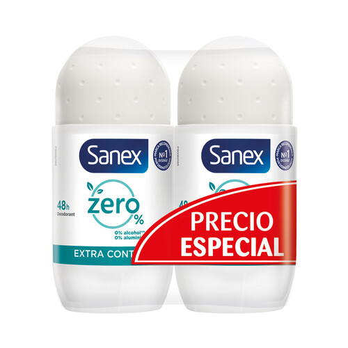 SANEX Zero % extra control Desodorante roll on para mujer, con protección antitranspirante hasta 48 horas 2 x 50 ml.