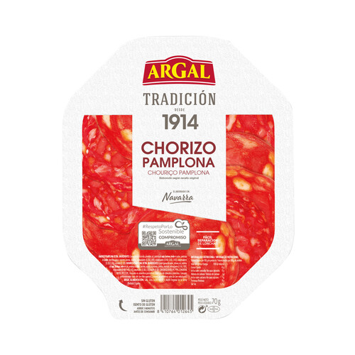 ARGAL Chorizo de Pamplona de origen navarro, sin gluten y cortado en finas lonchas ARGAL Tradición 70 g.