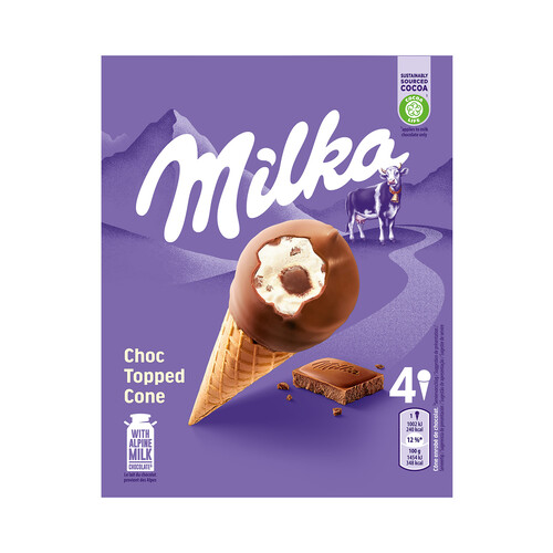 MILKA Cono de helado de vainilla con corazón de avellana, recubierto de chcolate con leche 4 x 100 ml.