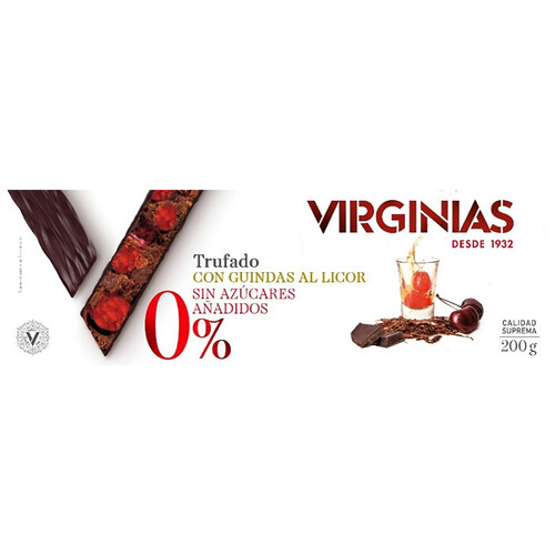 Turrón trufado de chocolate con guindas al licor sin azúcares añadidos VIRGINIAS 200 g.