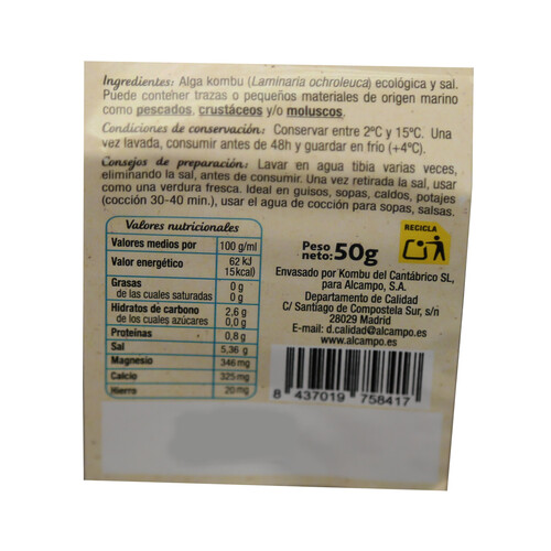 ALCAMPO CULTIVAMOS LO BUENO ECOLÓGICO Bandeja algas kombu 50 g.