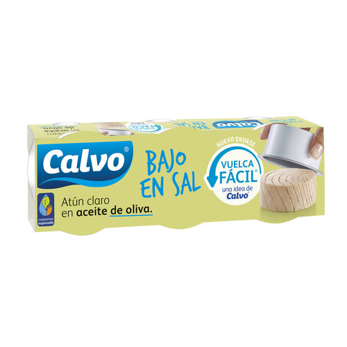 CALVO Atún claro aceite de oliva con contenido reducido en sal lata de 52 g. pack de 3 uds.