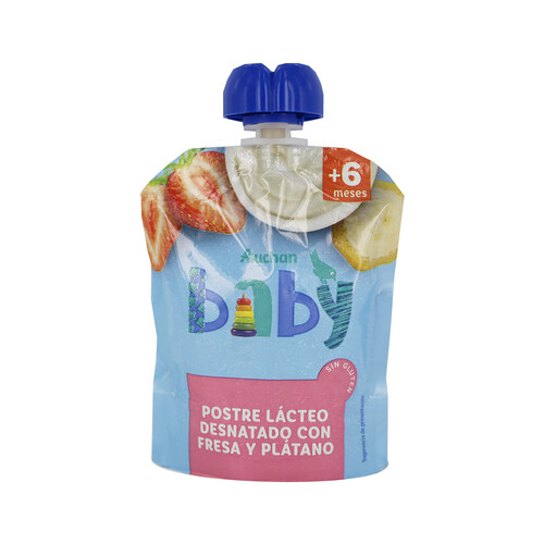 ALCAMPO BABY Bolsita de postre lácteo desnatado con fresa y plátano, a partir de 6 meses ALCAMPO BABY 90 g.