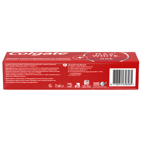 COLGATE Max white one Pasta de dientes con flúor, acción blanqueante y sabor a menta 75 ml.