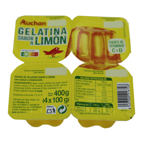 AUCHAN Gelatina con sabor a limón 4 x 100 g. Producto Alcampo