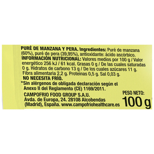 CAMPOFRÍO Healthcare Puré de pera y manzana 100 g.