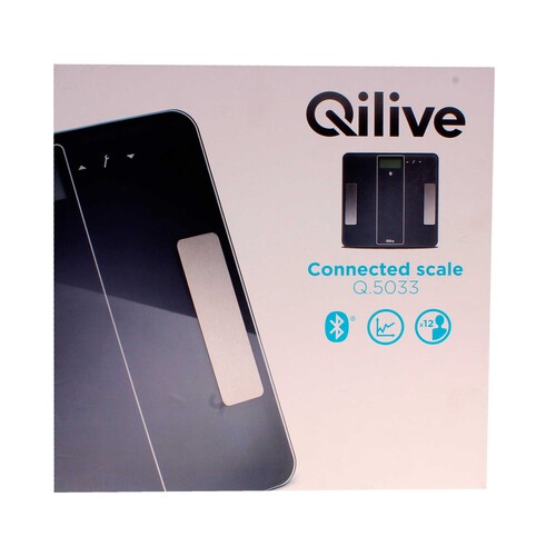 Báscula electrónica para baño, de color gris, con base de cristal templado y bluetooth QLIVE.