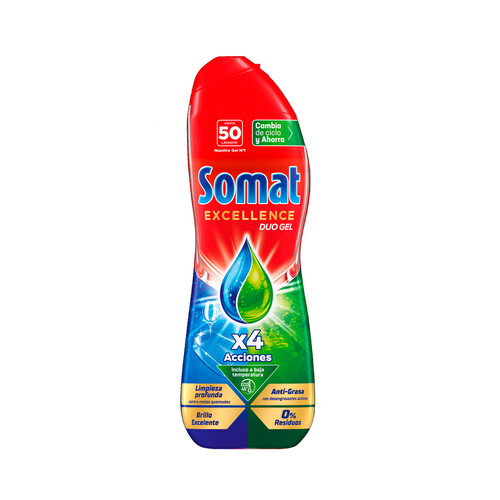 SOMAT Excellence duo gel Detergente lavavajillas en gel con 4 acciones de limpieza 50 lavados, 800 ml.