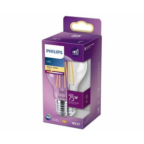 Bombilla Led E27, 8,5W=75W, luz cálida 2700K, 1055lm, PHILIPS.