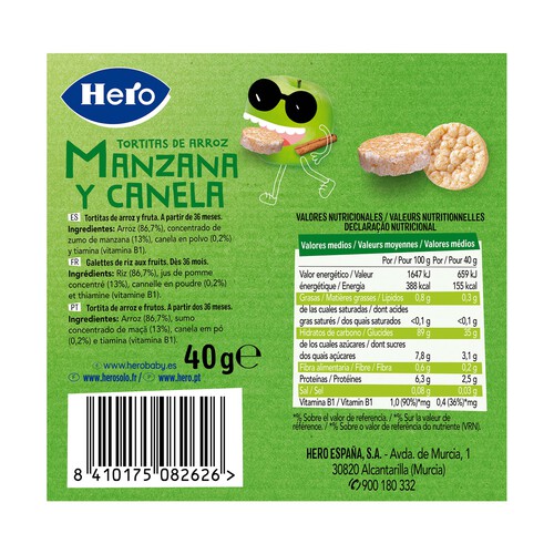 HERO Kids Tortitas de arroz con manzana y canela, a partir de 36 meses HERO 40 g.