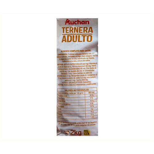 PRODUCTO ALCAMPO Alimento completo para gatos adultos a base de ternera 2 kg.