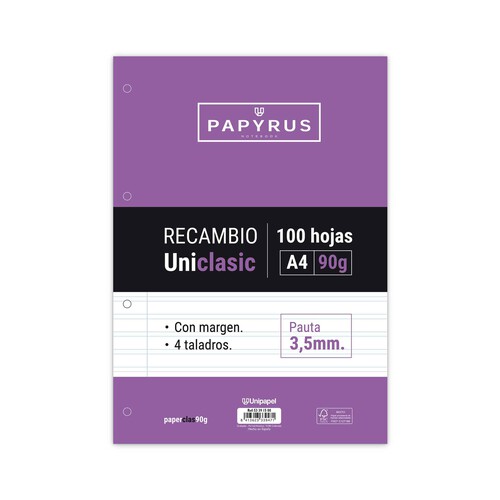 Recambio de 100 hojas tamaño A4, 4 taladros, 90gr, rayado pauta 3,5mm con margen, UNIPAPEL.