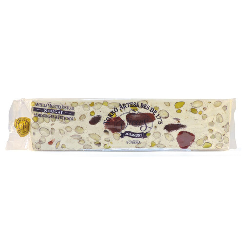 VICENS Turrón semiduro de almendra, fresa, pistachos 300 g.