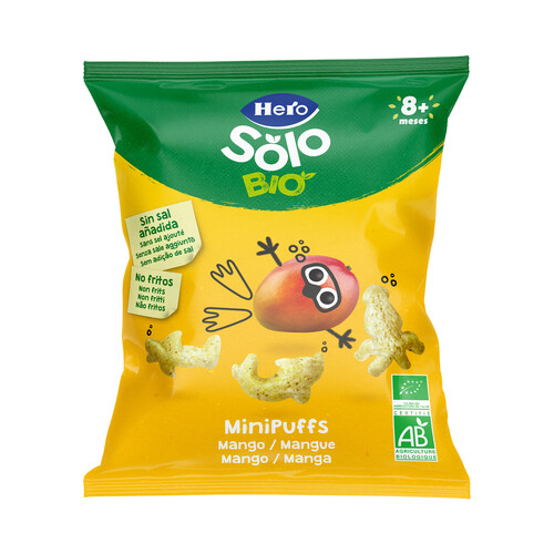 HERO Solo bio Snacks infantiles no fritos y sin azúcares añadidos, de cereales y mango ecológicos, a partir de 8 meses 18 g.