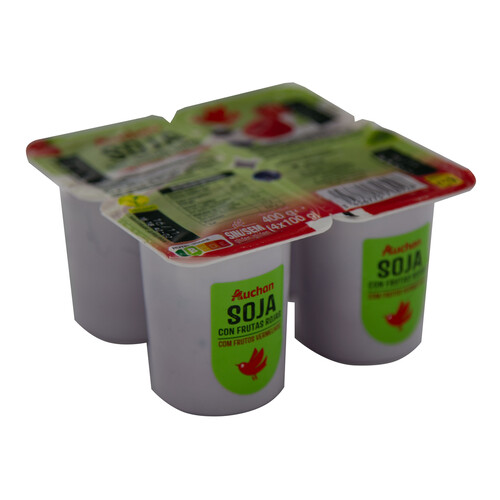 AUCHAN Postre a base de bebida de soja fermentada, con frutos rojos 4 x 100 g. Producto Alcampo