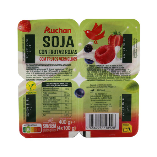 AUCHAN Postre a base de bebida de soja fermentada, con frutos rojos 4 x 100 g. Producto Alcampo