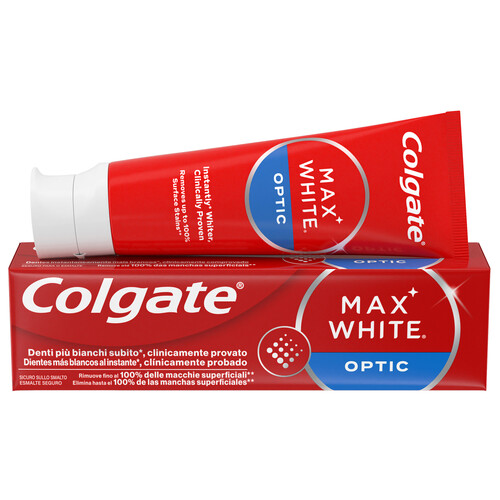 COLGATE Max white optic Pasta de dientes con flúor y acción blanqueante instantánea 75 ml.