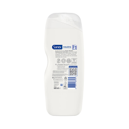 SANEX Sin neutro Gel de ducha o baño, con hidratantes naturales para pieles sensibles y delicadas 600 ml.