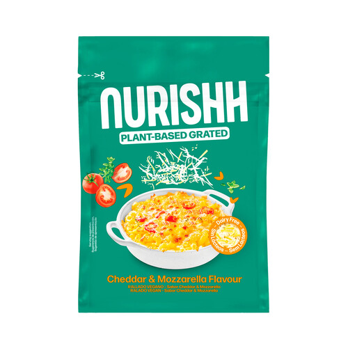 NURISHH Especialidad vegana rallada sabor a Cheddar y Mozzarella (tex Mex) NURISHH 150 g.